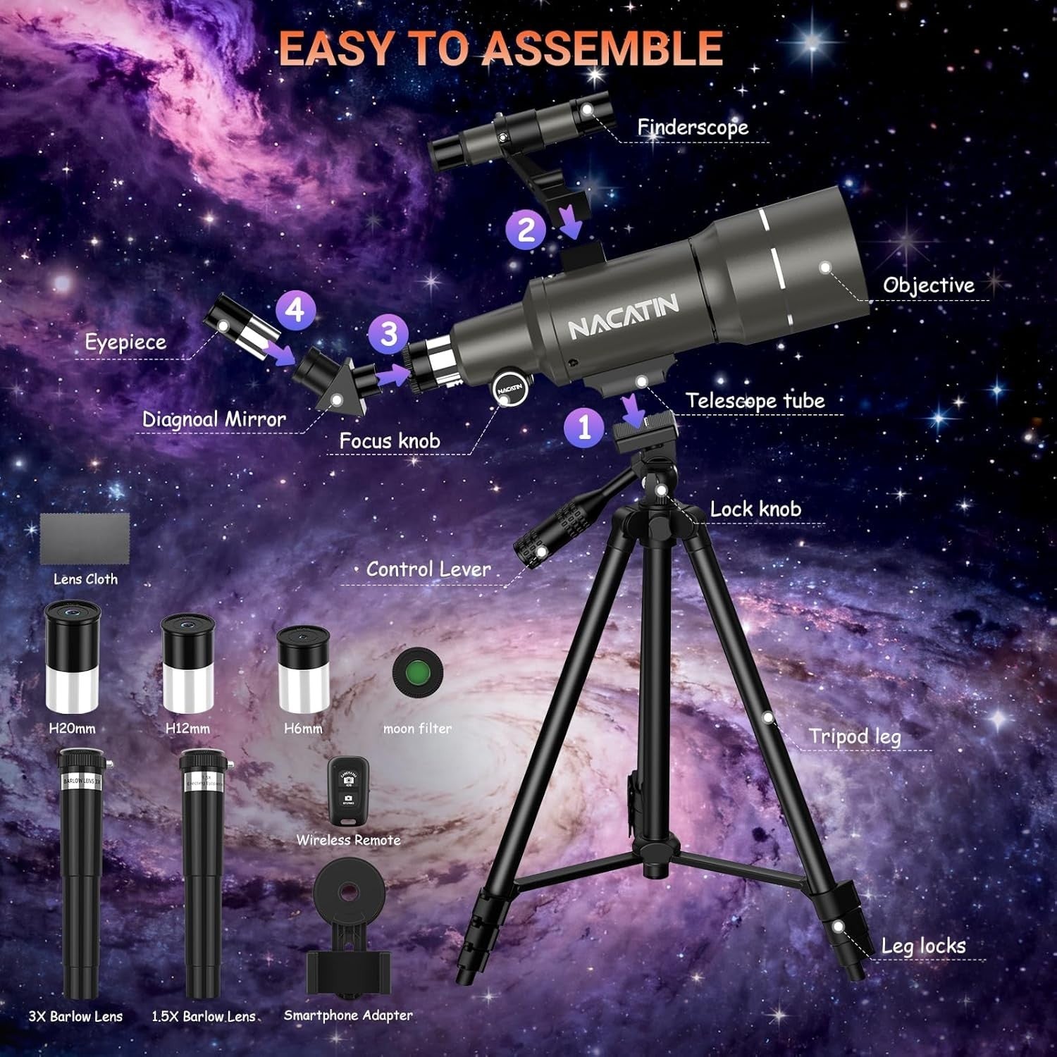 70mm Aperture Kids & Beginners Telescope with Tripod, Phone Adapter & Remote