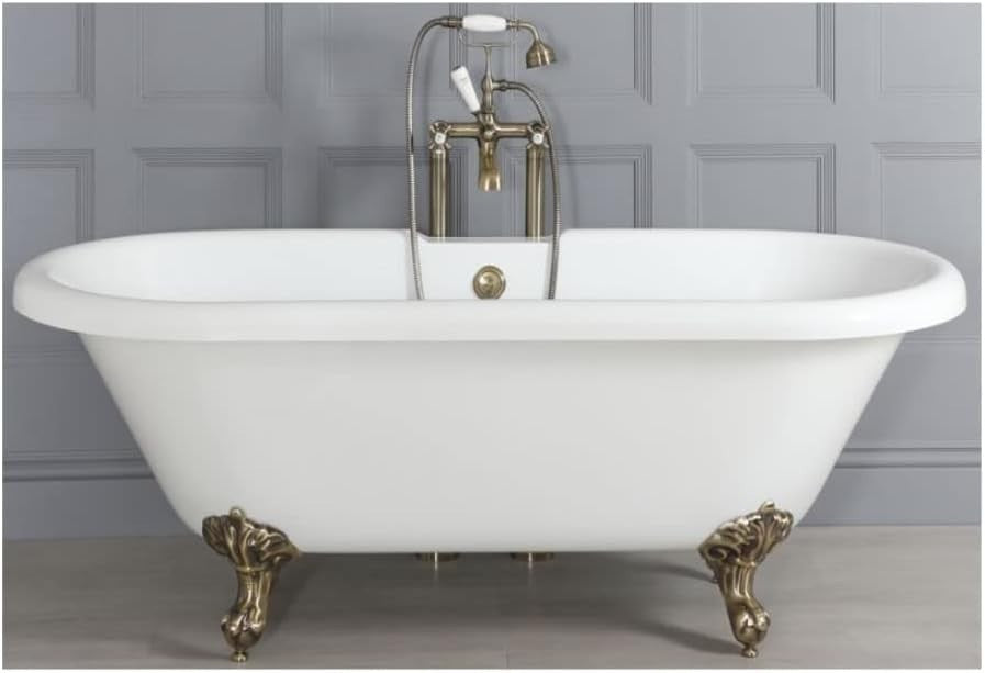1795x785mm Freestanding Double Ended Roll Top Bath White Acrylic w/ Brushed Gold