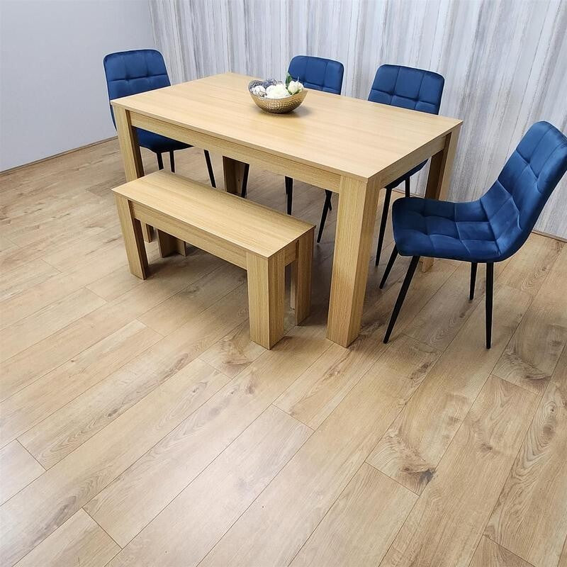 6 Seater Oak Dining Table Set with Blue Velvet Chairs & Wooden Bench