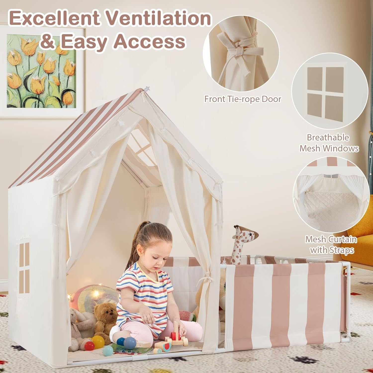 Kids Play Tent Beige Coffee Castle with Lights Mat Indoor Toddler Playhouse