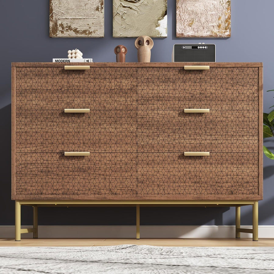 Embossed Walnut Chest of 6 Drawers Modern Sideboard 120cm Storage Unit