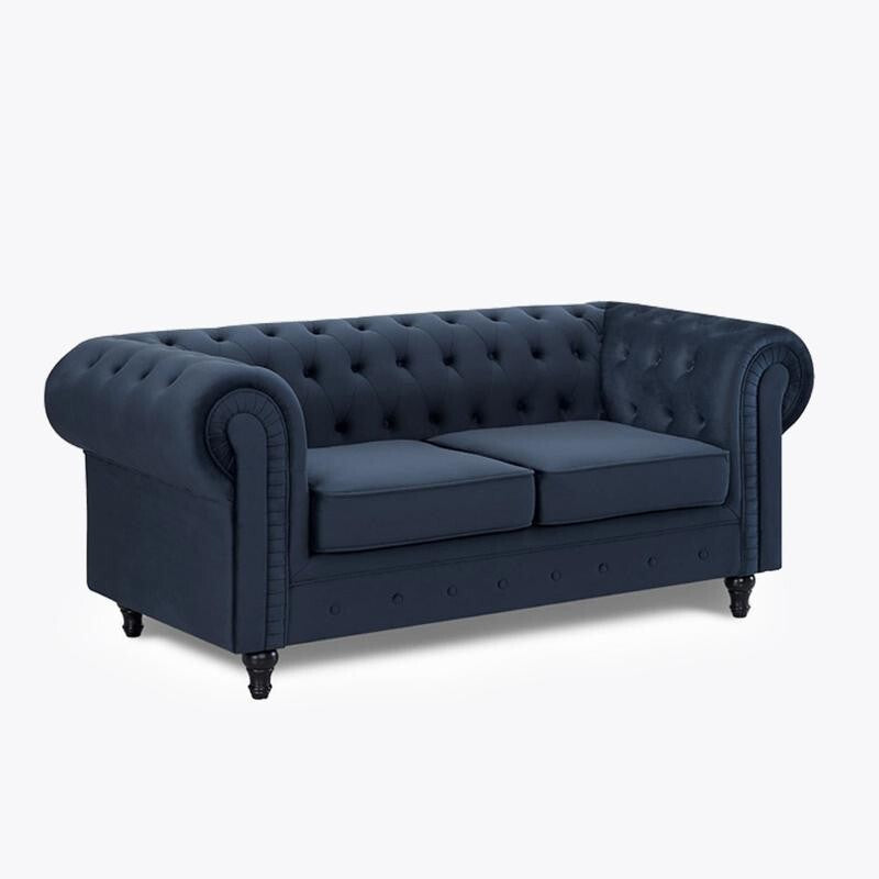 Midnight Blue Velvet Chesterfield Sofa 2 Seater Tufted Scroll Arms Couch