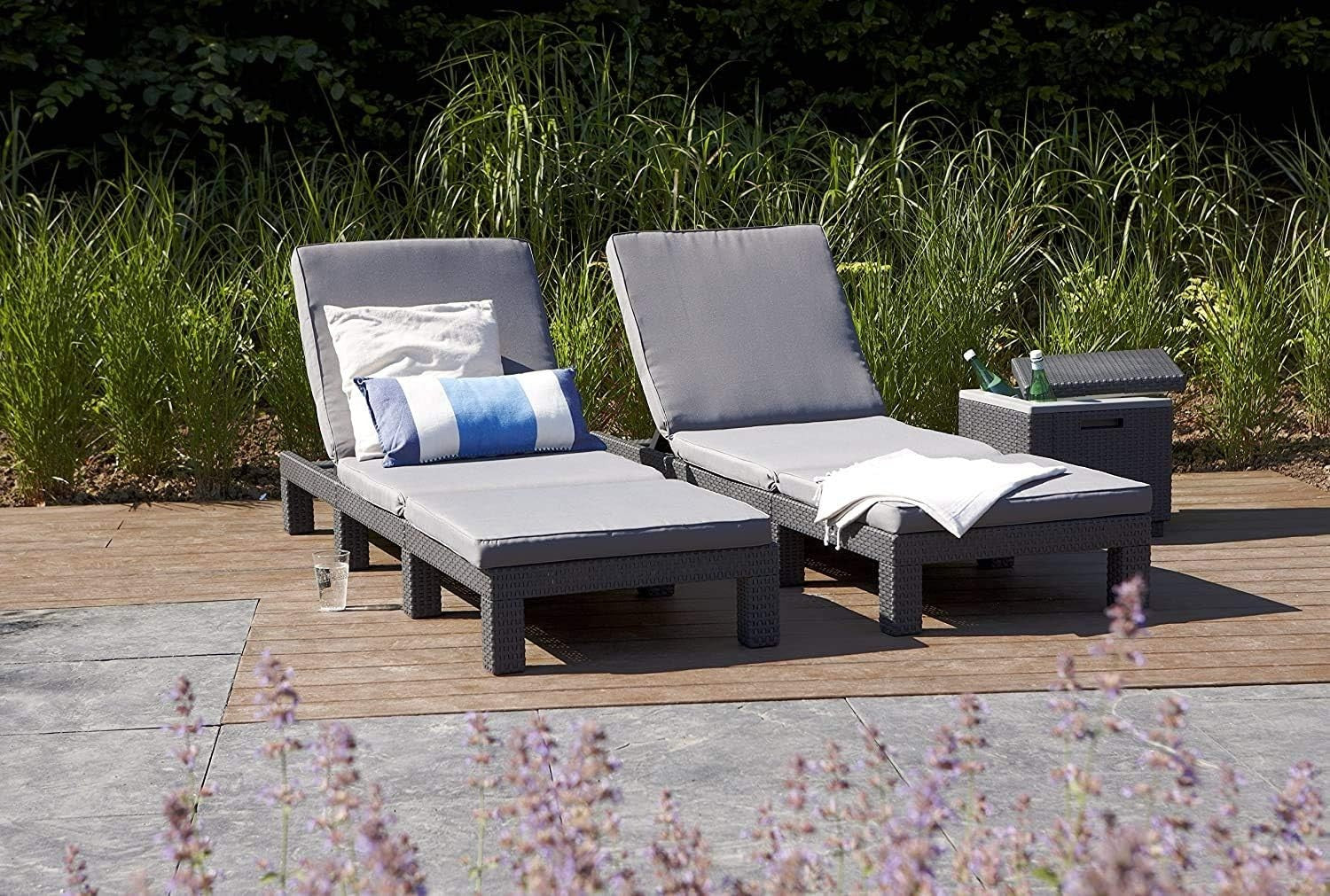 Rattan Effect Reclining Sun Lounger with Cushion Grey 4-Position Garden Chair