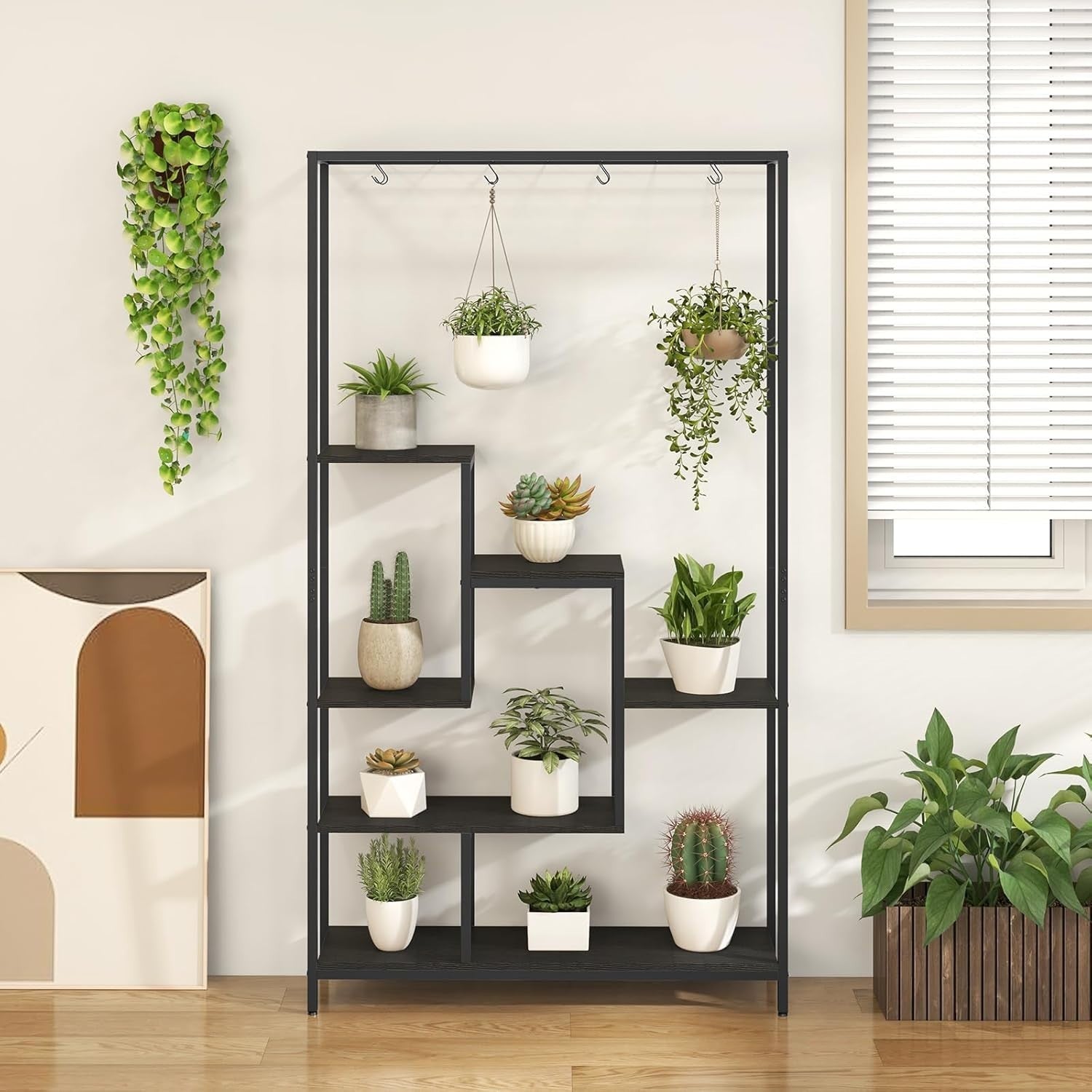 6-Tier Metal Plant Stand 180cm Tall Indoor Flower Shelf with Hooks & Wire Rack