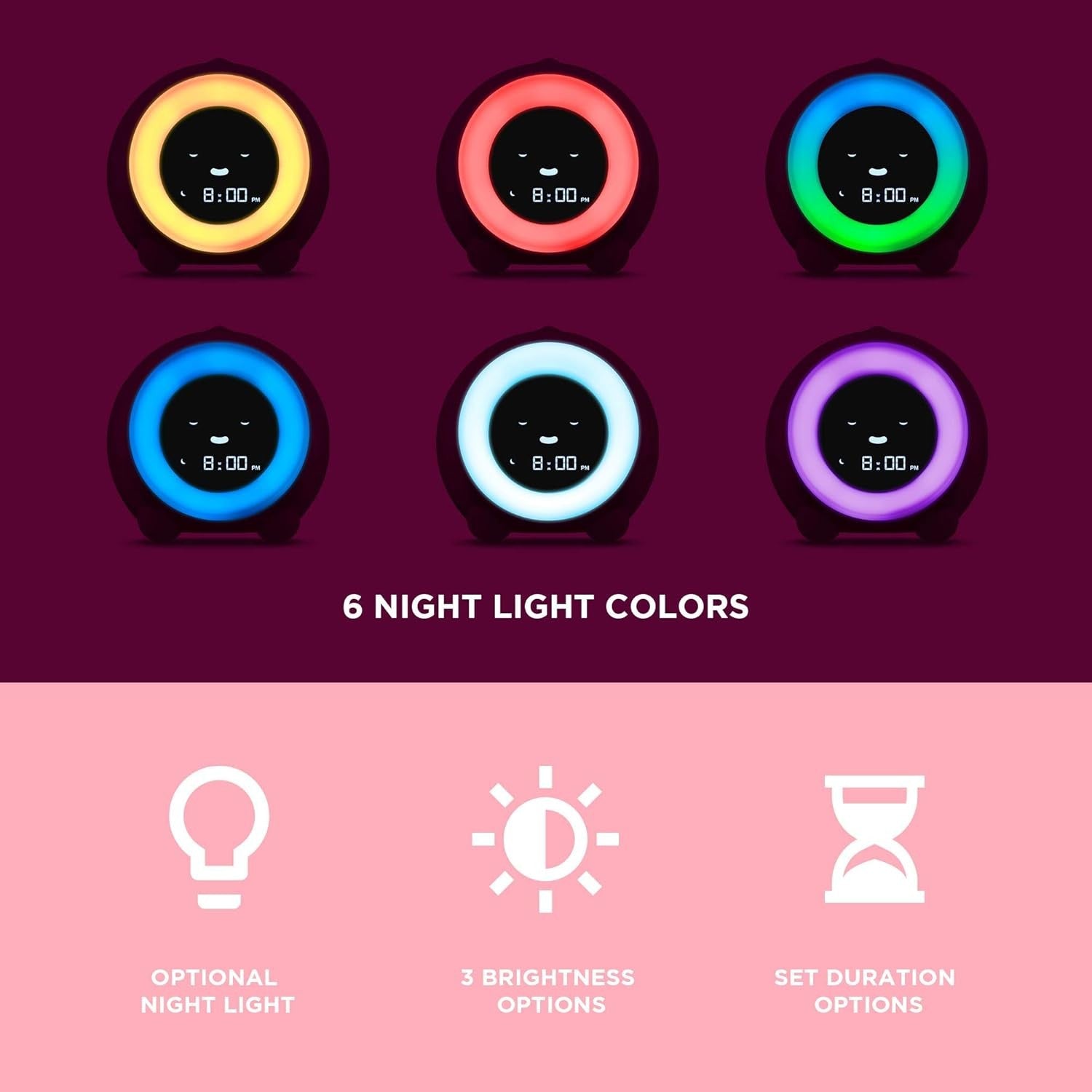 Kids Sleep Trainer Alarm Clock Night Light Sound Machine Blush Pink
