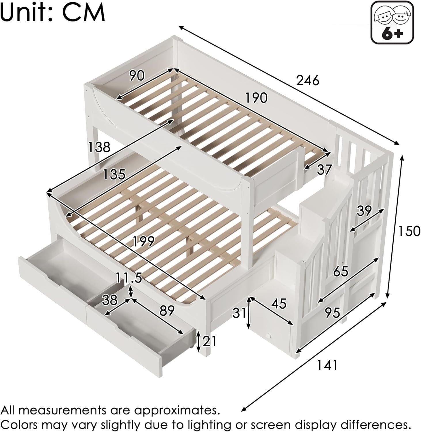 Space-Saving Double Bunk Bed with Storage Drawers & Stairs, Kids Safe