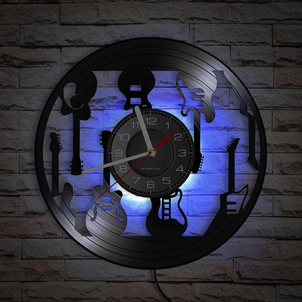 LED Guitar Pattern Vinyl Wall Clock Music Decor Silent 30cm Night Light Gift