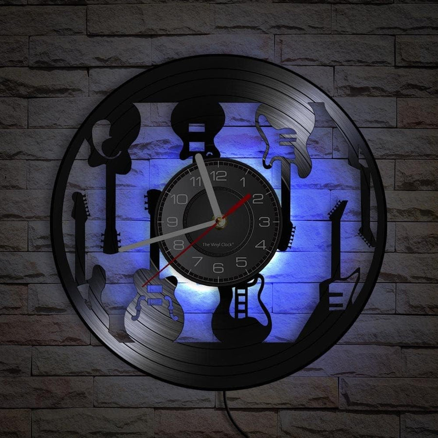 LED Guitar Pattern Vinyl Wall Clock Music Decor Silent 30cm Night Light Gift
