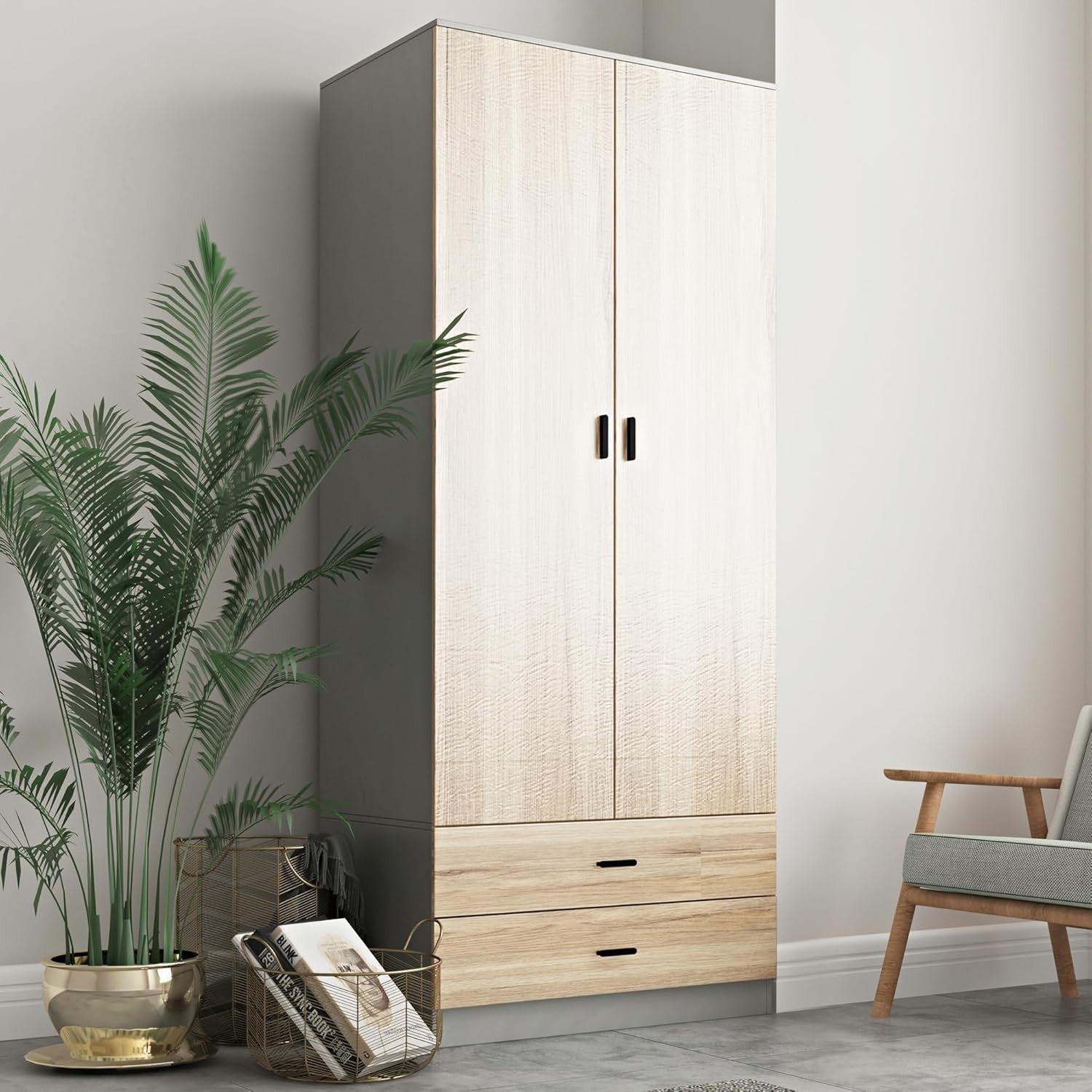 Modern 2 Door Wardrobe Oak Drawers & Hanging Rail | Bedroom Storage Unit