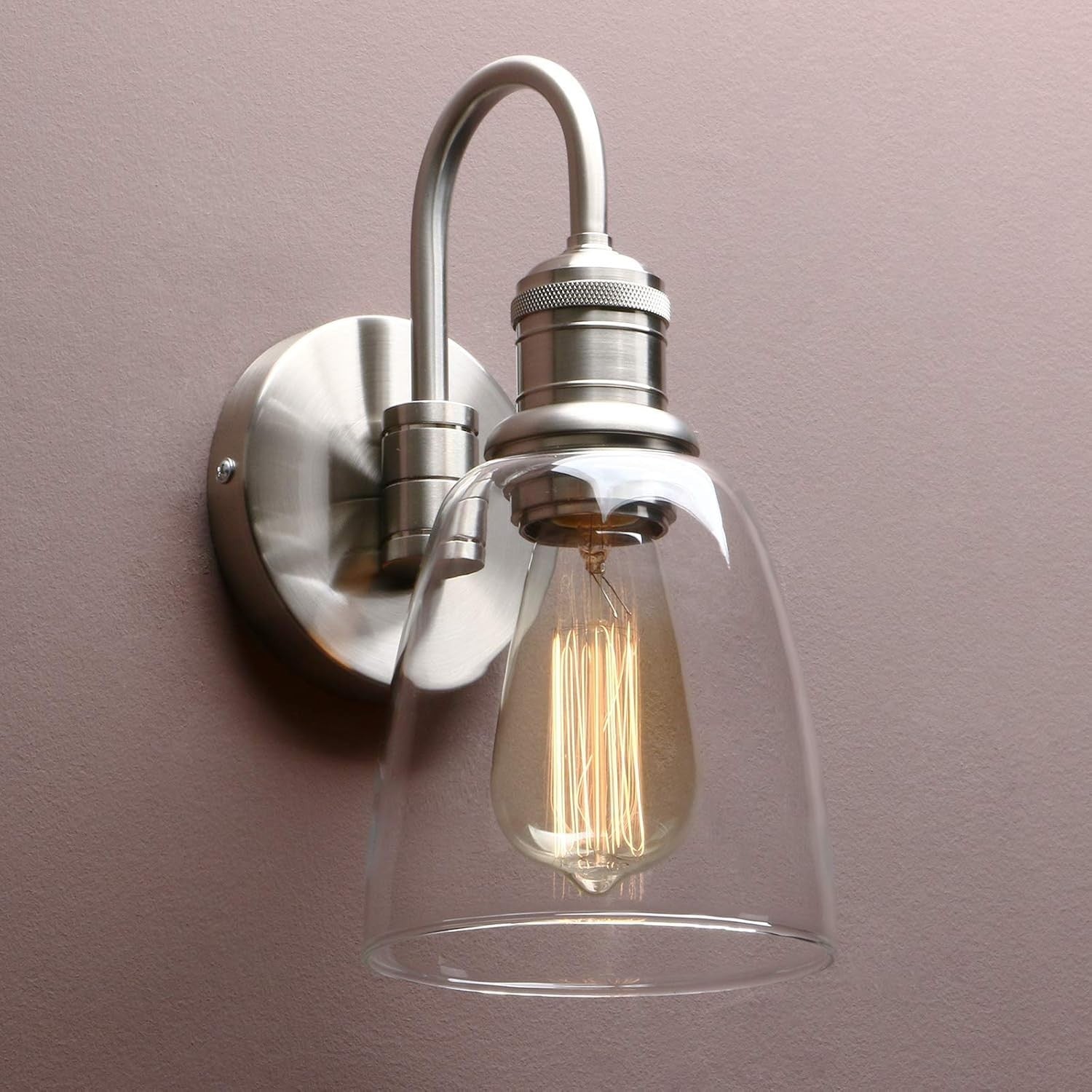 Vintage Industrial Glass Wall Sconce Lights, Clear Shade, Brushed Metal