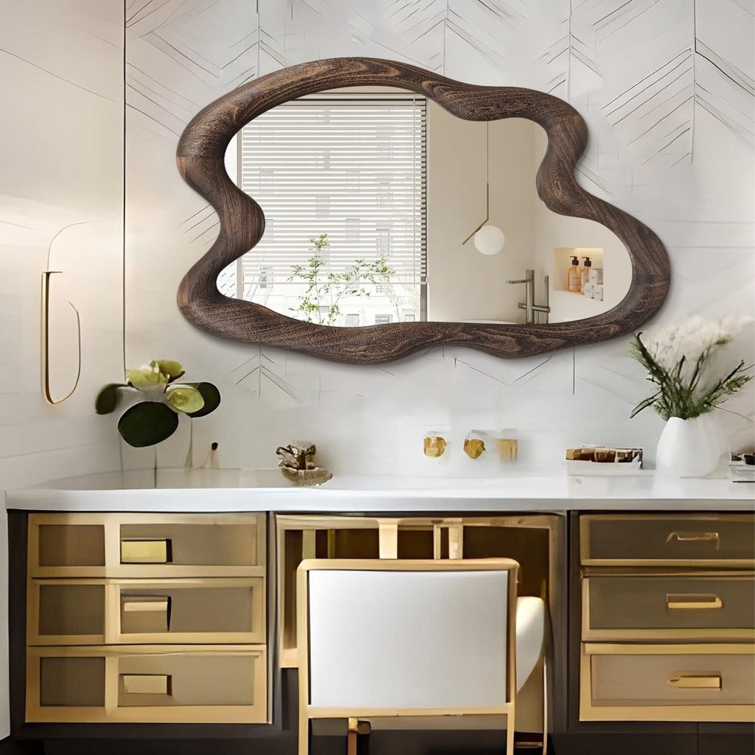 Large 80x60cm Irregular Wall Mirror Vintage Wood Frame for Bedroom Hall
