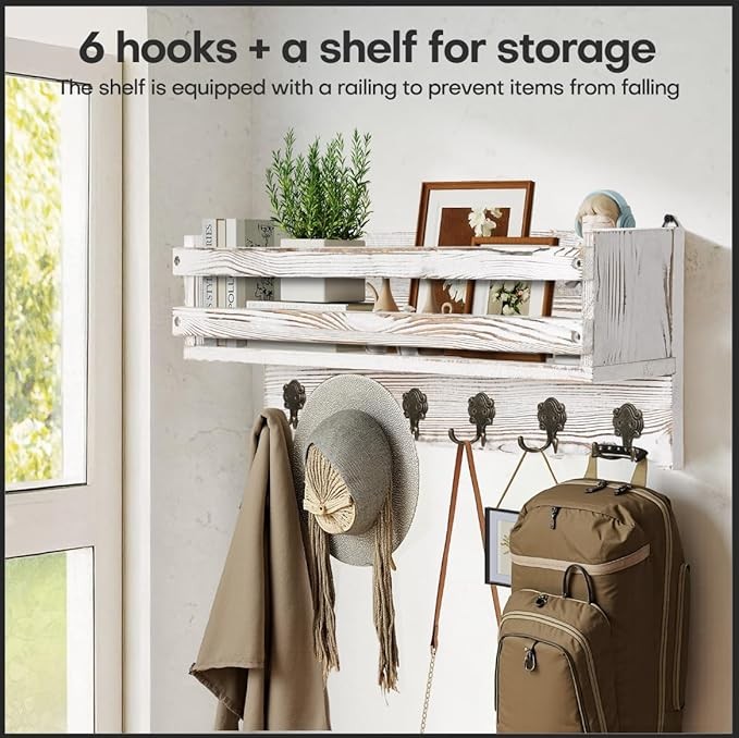 Vintage White Wall Mounted Coat Rack 58cm | Wooden Shelf with 6 Metal Hooks