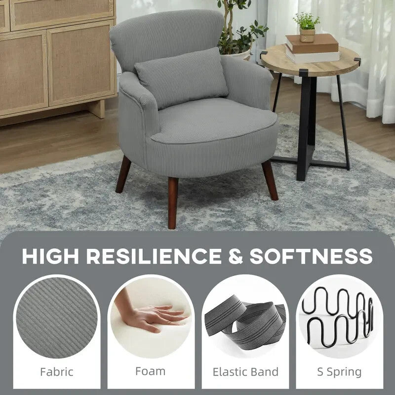 Modern Grey Corduroy Armchair Lounge Chair Padded Seat Wood Legs Sofa
