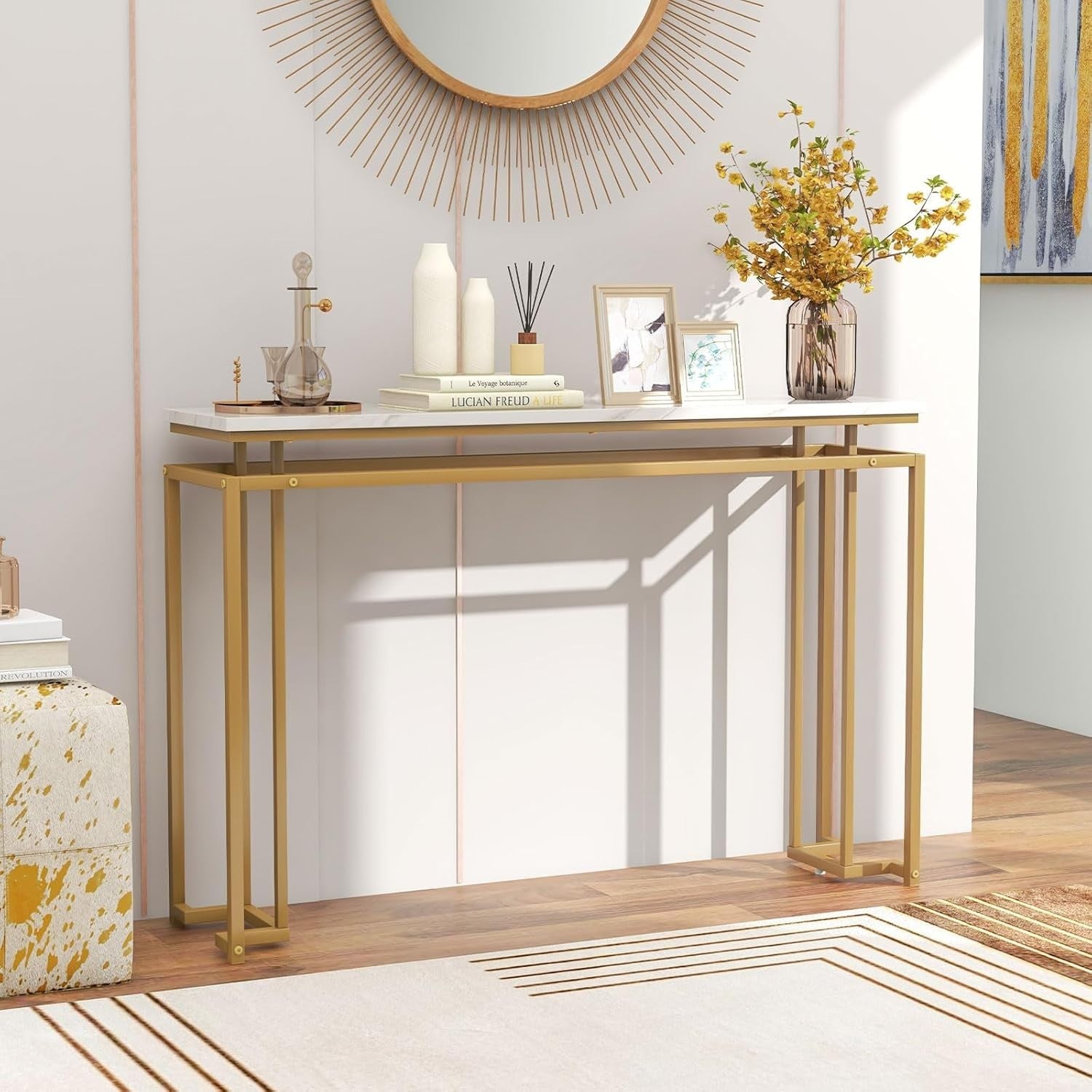 Slim Faux Marble Console Table, Modern Gold Frame, 120cm Entryway Accent