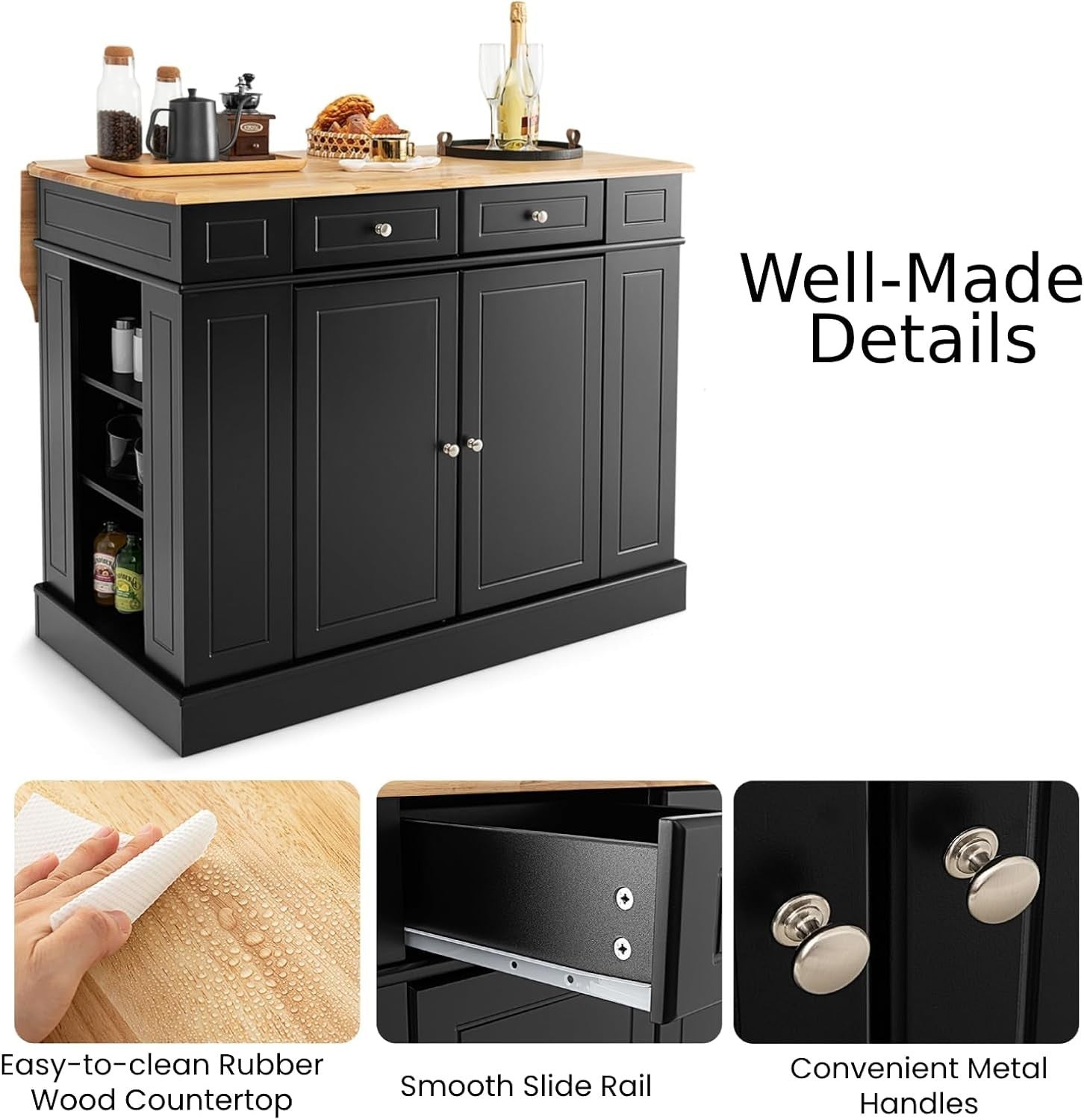 Extendable Kitchen Island with Storage Drawers & Adjustable Shelves