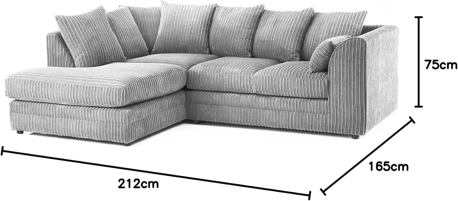 4 Seater Silver Jumbo Cord Scatter Back Left Hand Corner Sofa with Deep Seats