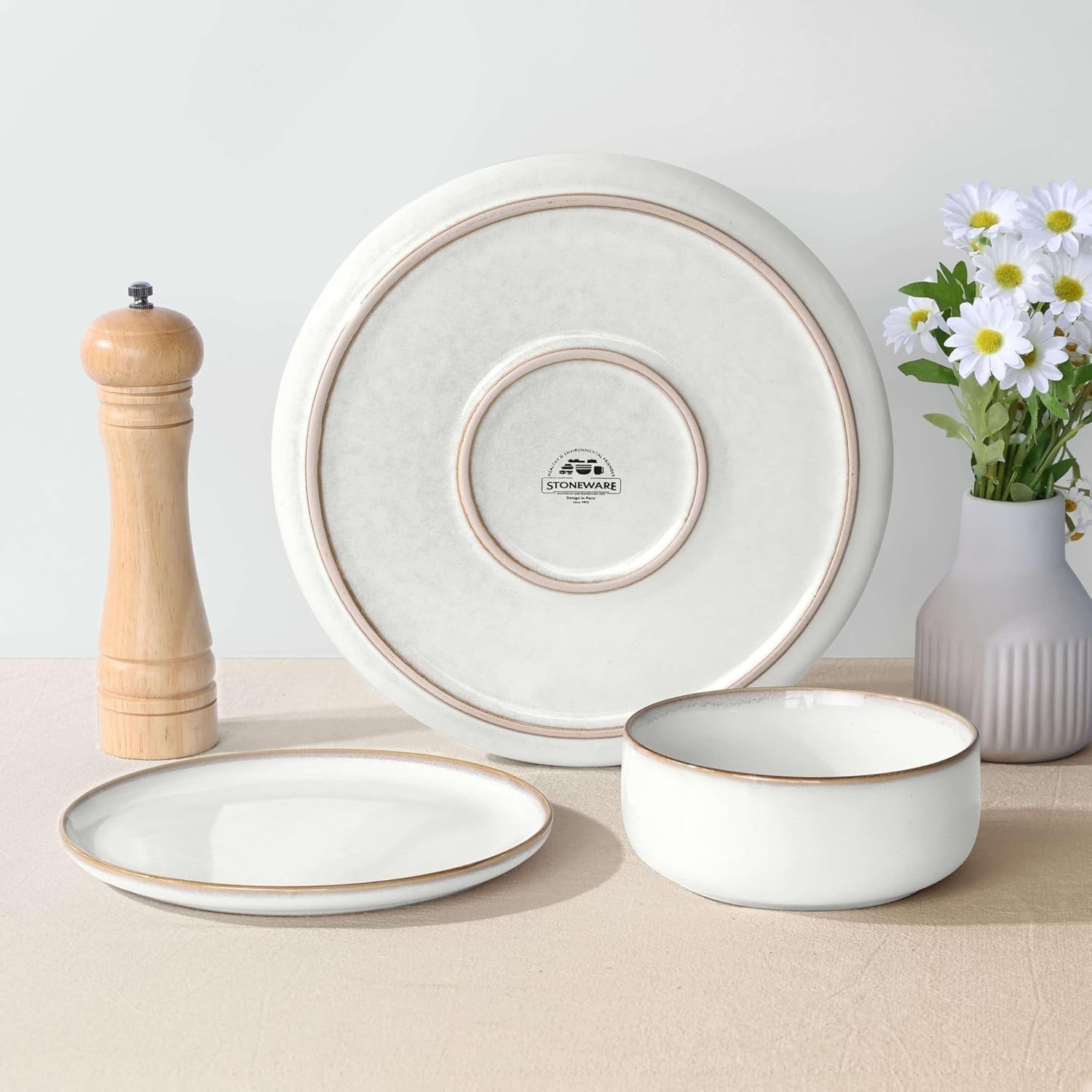12pc Stoneware Dinner Set Plates Bowls Microwave Dishwasher Safe Ivory