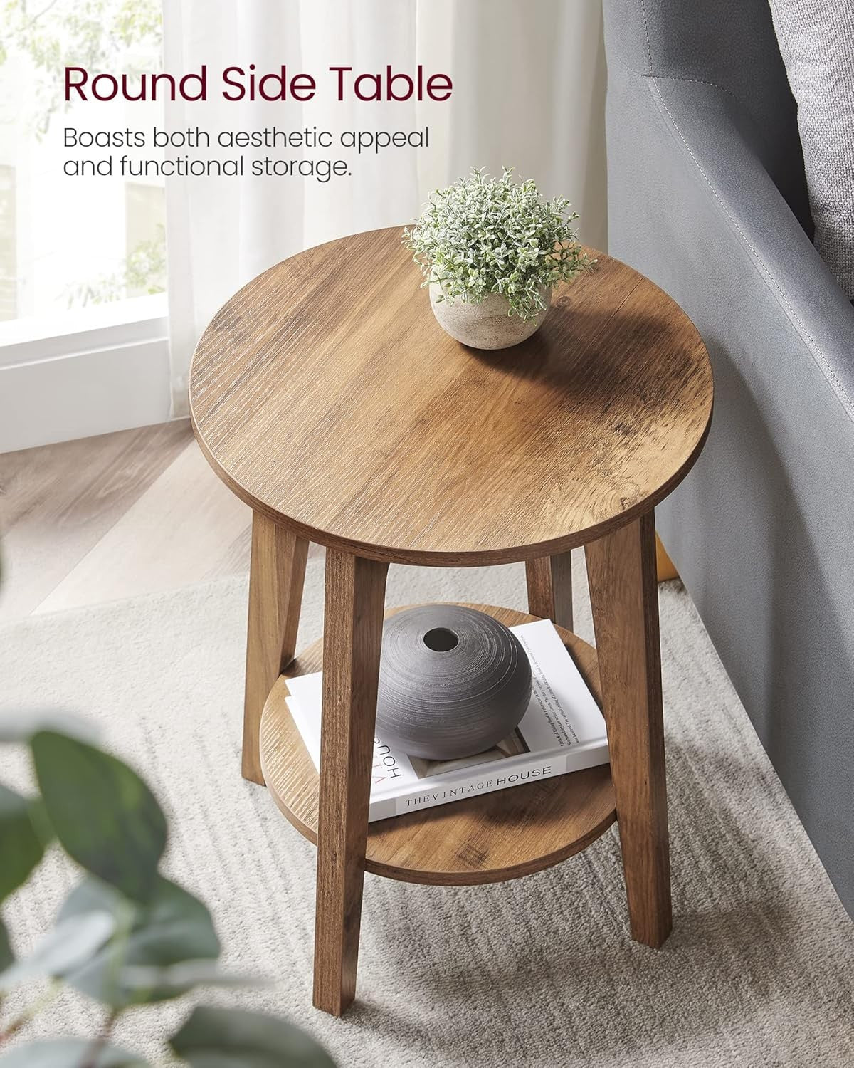 Rustic Round Side Table with Shelf, Small Bedside End Table for Living Rooms