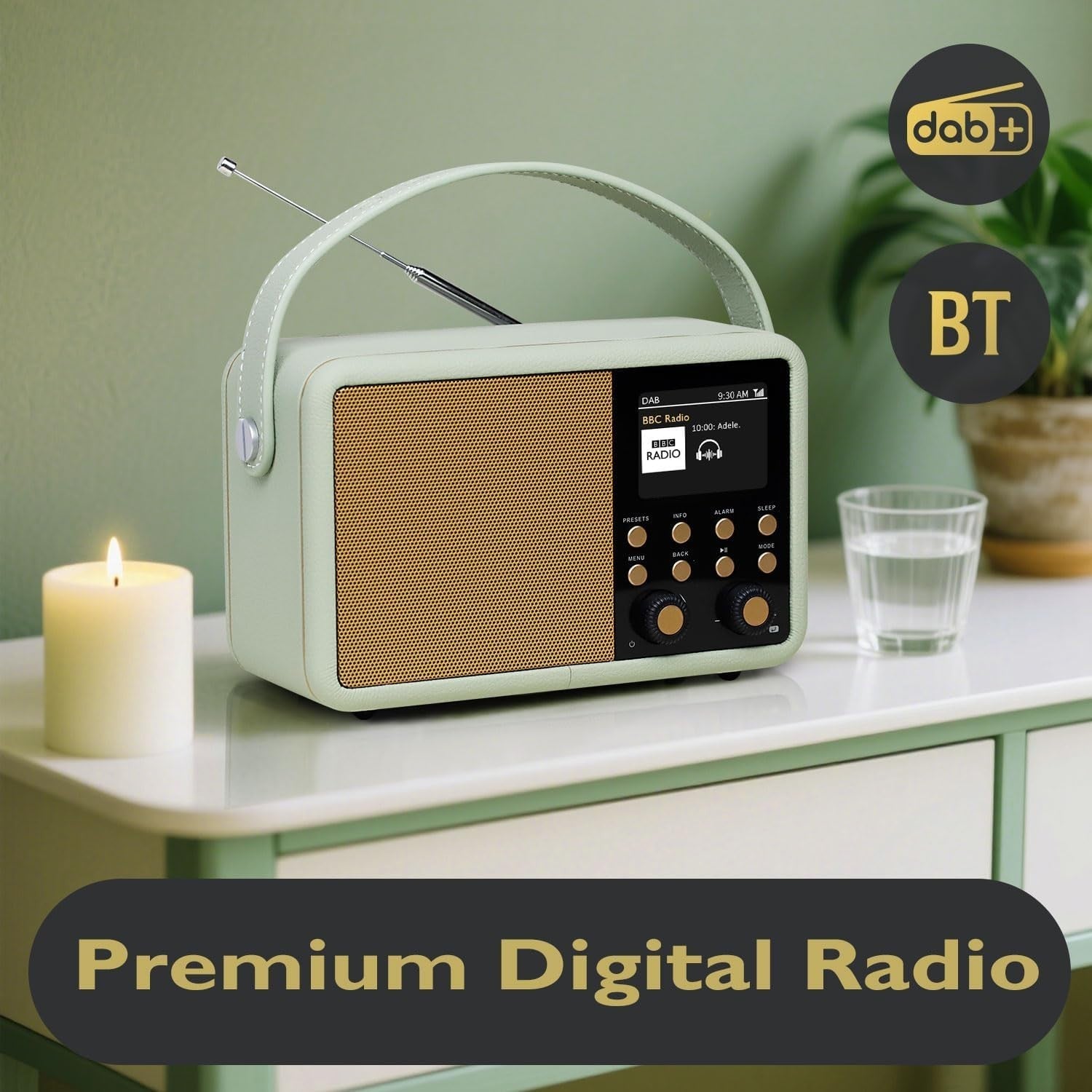 DAB+ Digital Radio Bluetooth Alarm Clock 60 Presets Green