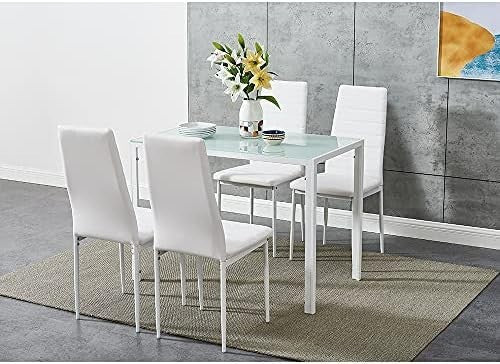 White Glass Dining Table with 4 PU Chairs Contemporary Set 120x80x75cm