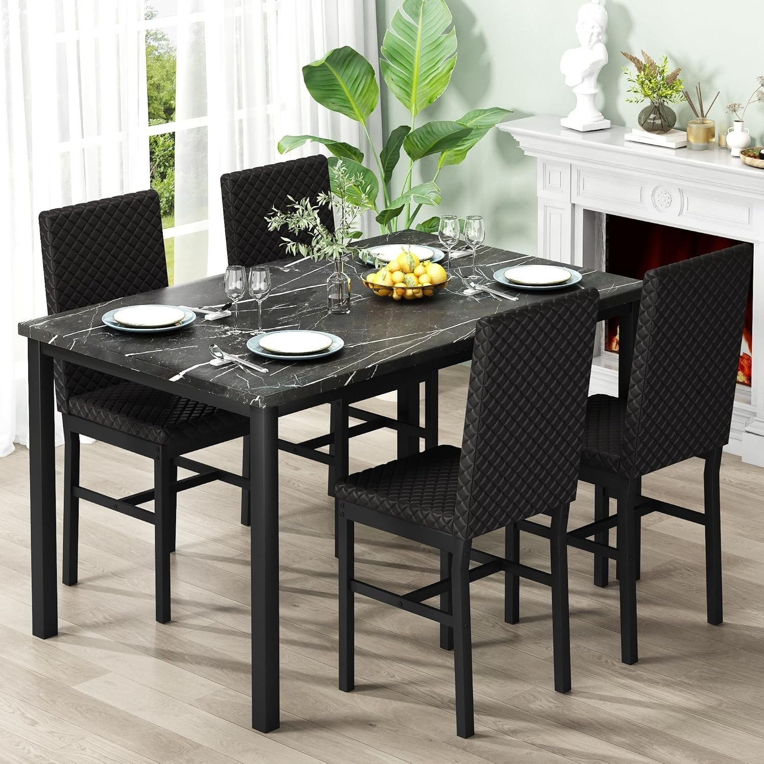 5-Piece Dining Table & 4 Chairs, Faux Marble Top, Modern Kitchen Set, Black