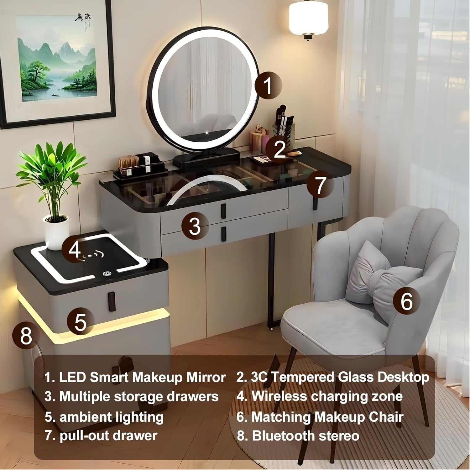 Modern Vanity Makeup Dressing Table Desk 3-Colour LED Mirror Storage Grey-Black