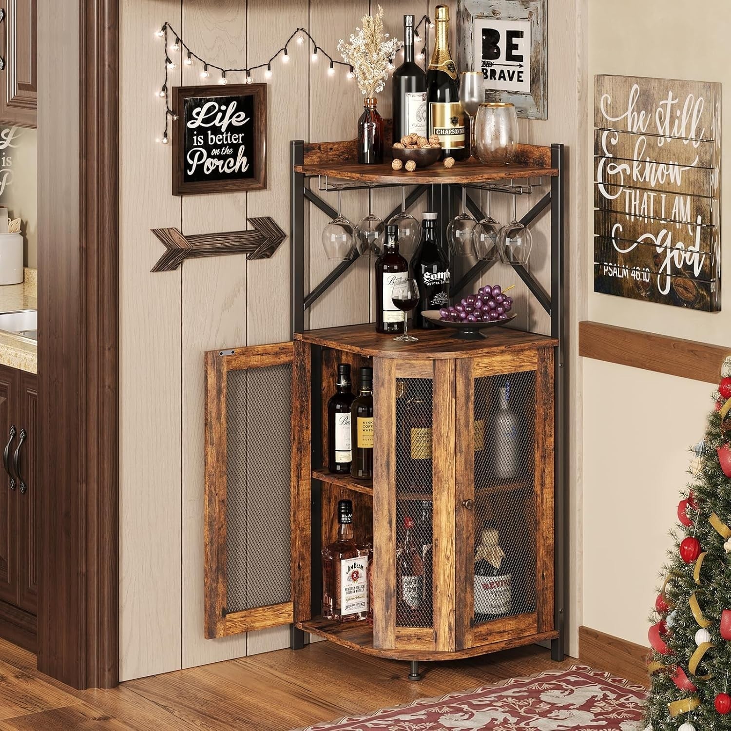 Corner Bar Cabinet with Wine Bottle Rack, Glass Holder & Storage Shelves Rustic