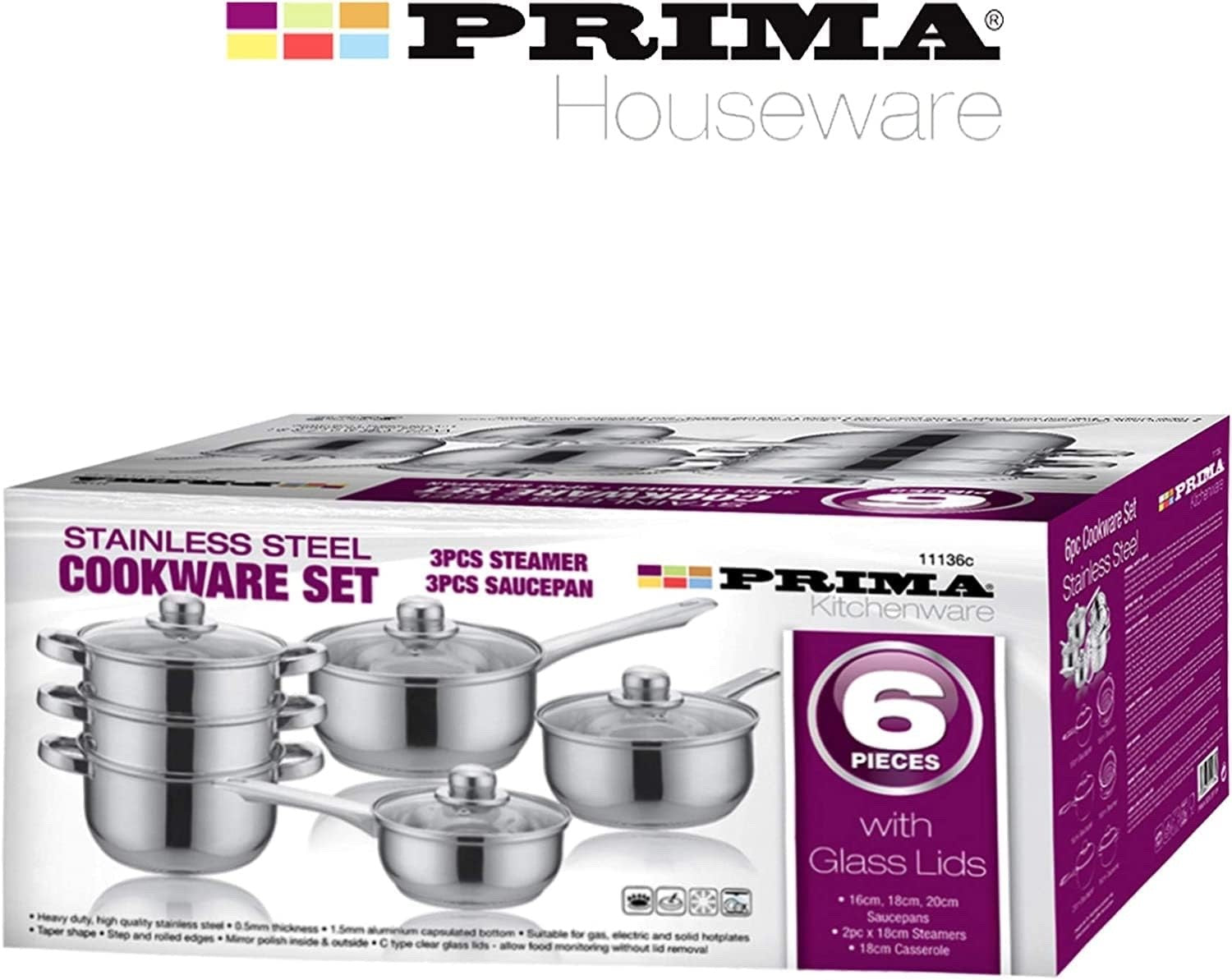 6pcs Stainless Steel Cookware Steamer Pot Set with Glass Lids & Handles