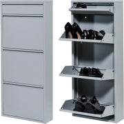 Slim Wall Mounted Shoe Cabinet 3+1 Drawer Metal Storage Organizer Grey 114cm
