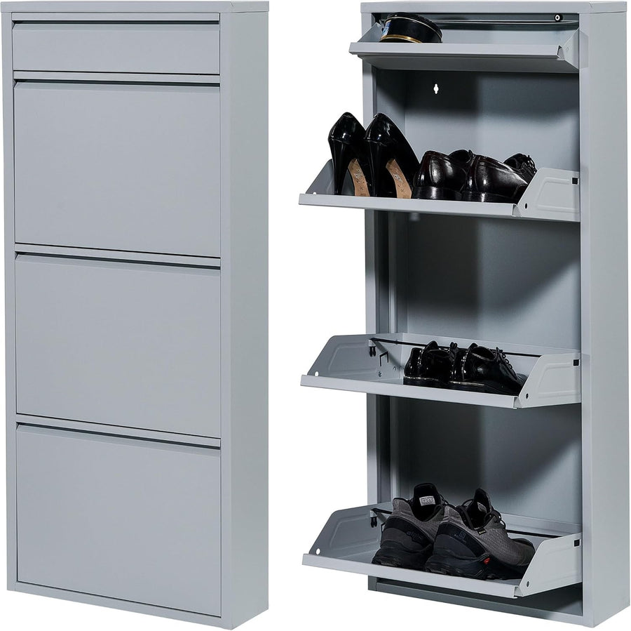 Slim Wall Mounted Shoe Cabinet 3+1 Drawer Metal Storage Organizer Grey 114cm