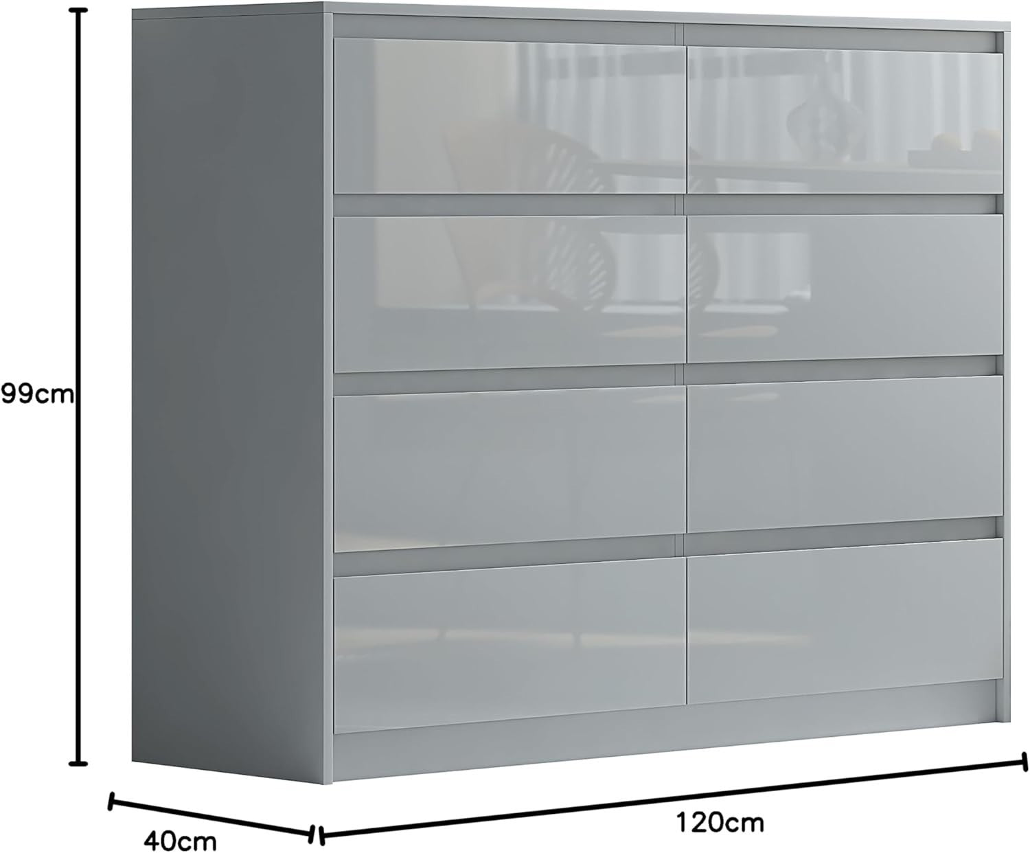 Glossy Grey 8 Drawer Chest - Modern Handleless Bedroom Storage Cabinet