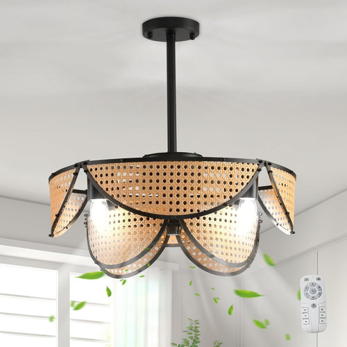 Boho Rattan Ceiling Fan Light 51CM, 6-Speed, Remote, APP, Black