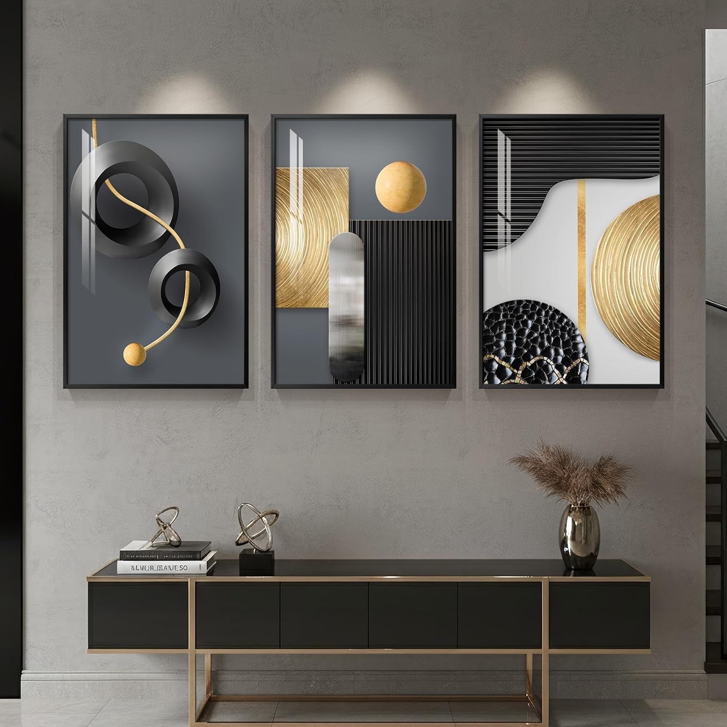 Large Framed Black Gold Abstract Wall Art 3 Panel 24x36in Set