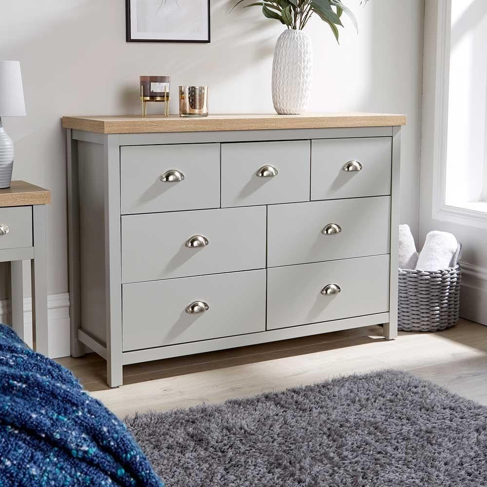 7 Drawer Wide Chest Grey Oak Effect Storage Unit for Bedroom Office