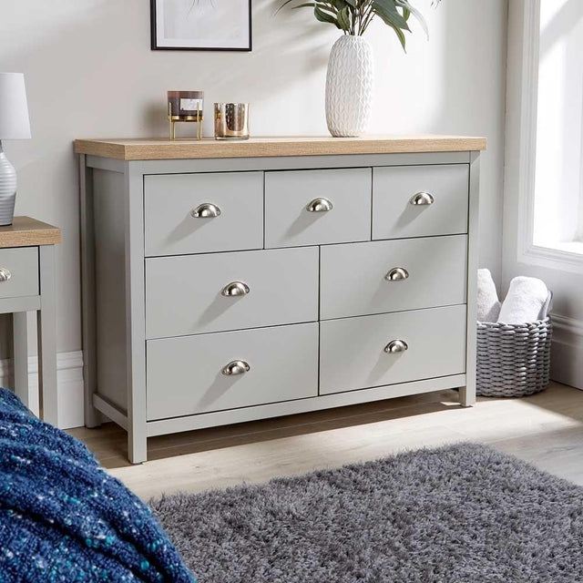 7 Drawer Wide Chest Grey Oak Effect Storage Unit for Bedroom Office