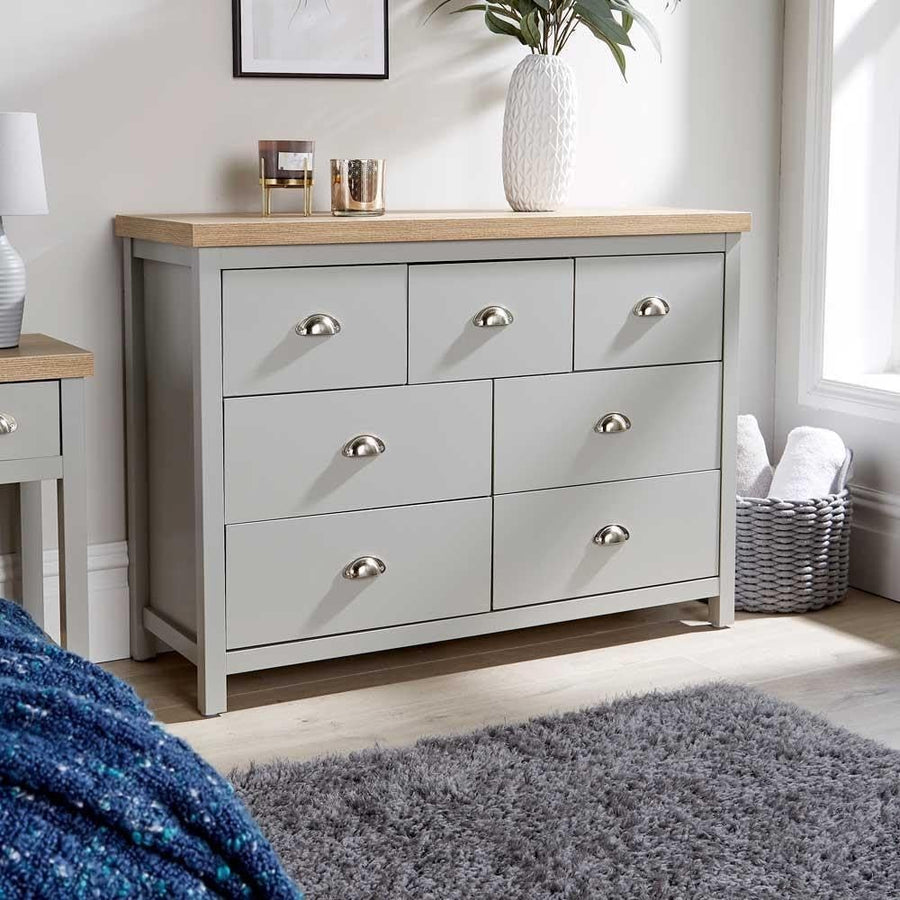 7 Drawer Wide Chest Grey Oak Effect Storage Unit for Bedroom Office