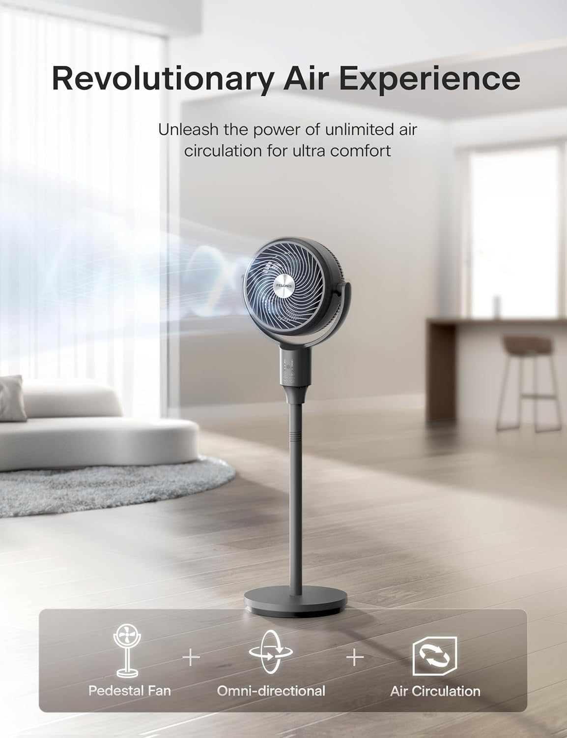 Adjustable Standing Fan Grey – 3-Speed Quiet Oscillating Air Circulator Remote