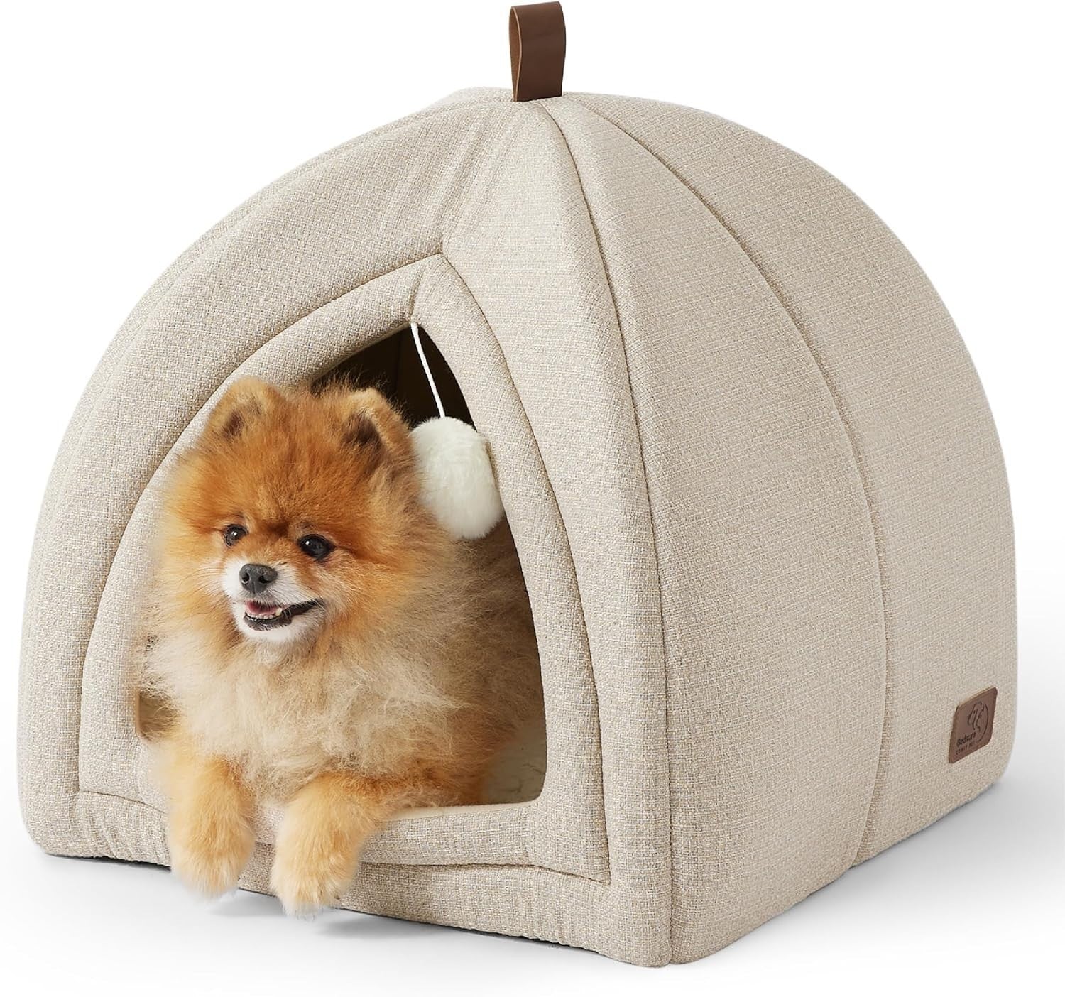 Large Cat Cave Bed 44cm Igloo Tent Washable Cushion Beige