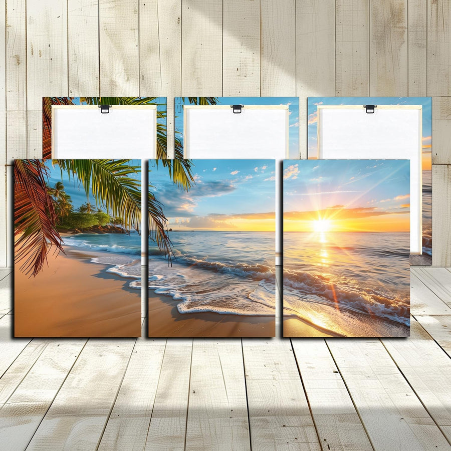 Beach Sunset Canvas Wall Art 3 Panel 12"x16" Ocean Home Decor