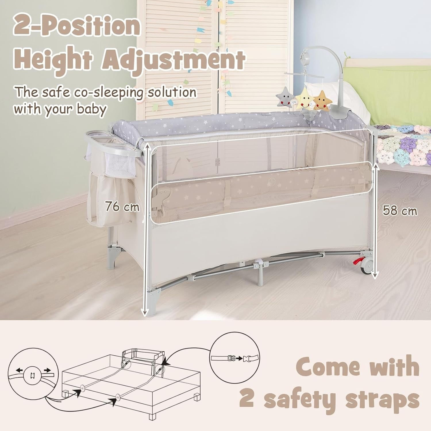 5in1 Baby Travel Cot Bedside Crib Bassinet w/ Mattress Changer Music Toys Beige