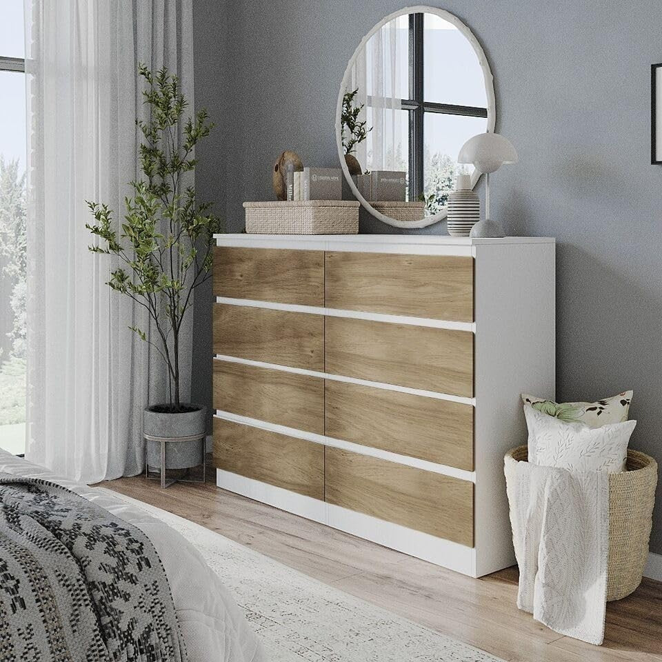 Modern White & Oak 8-Drawer Chest Bedroom Storage Cabinet Office Organizer