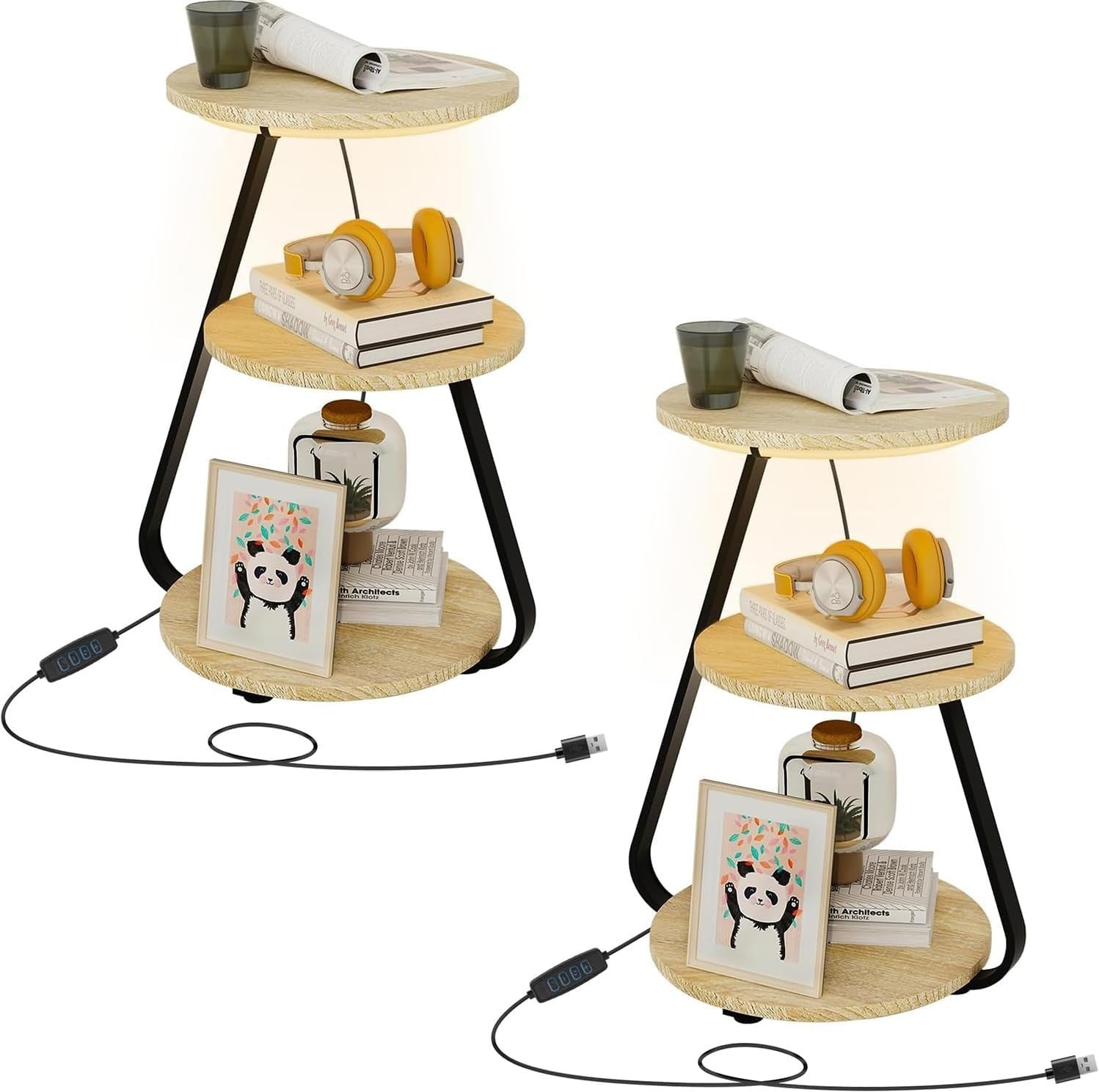 Set of 2 Oak LED Side Tables with 3-Tier Storage – Small Round Coffee Tables