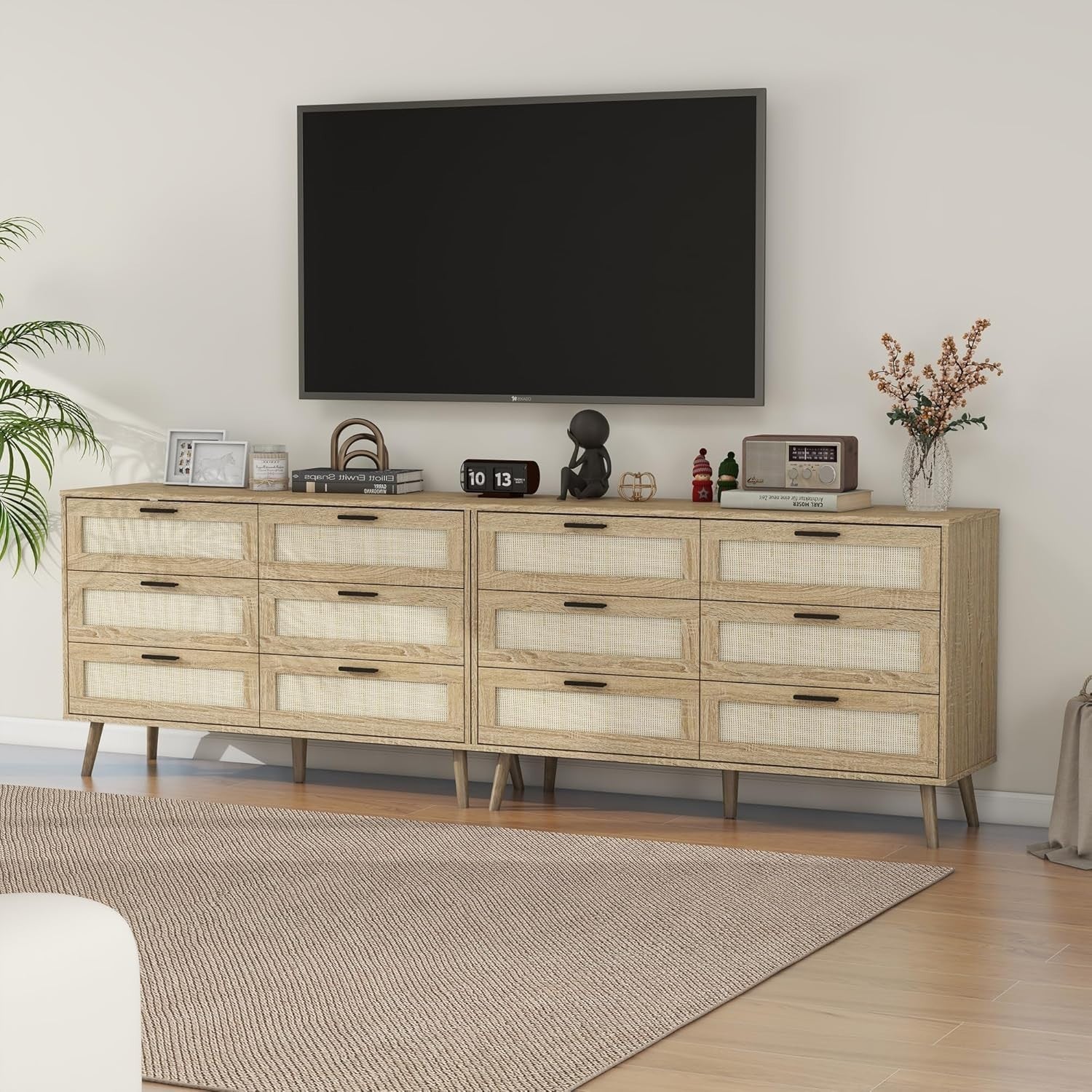 Rattan Chest of Drawers 6 Drawer Oak Wood Storage Cabinet Bedroom