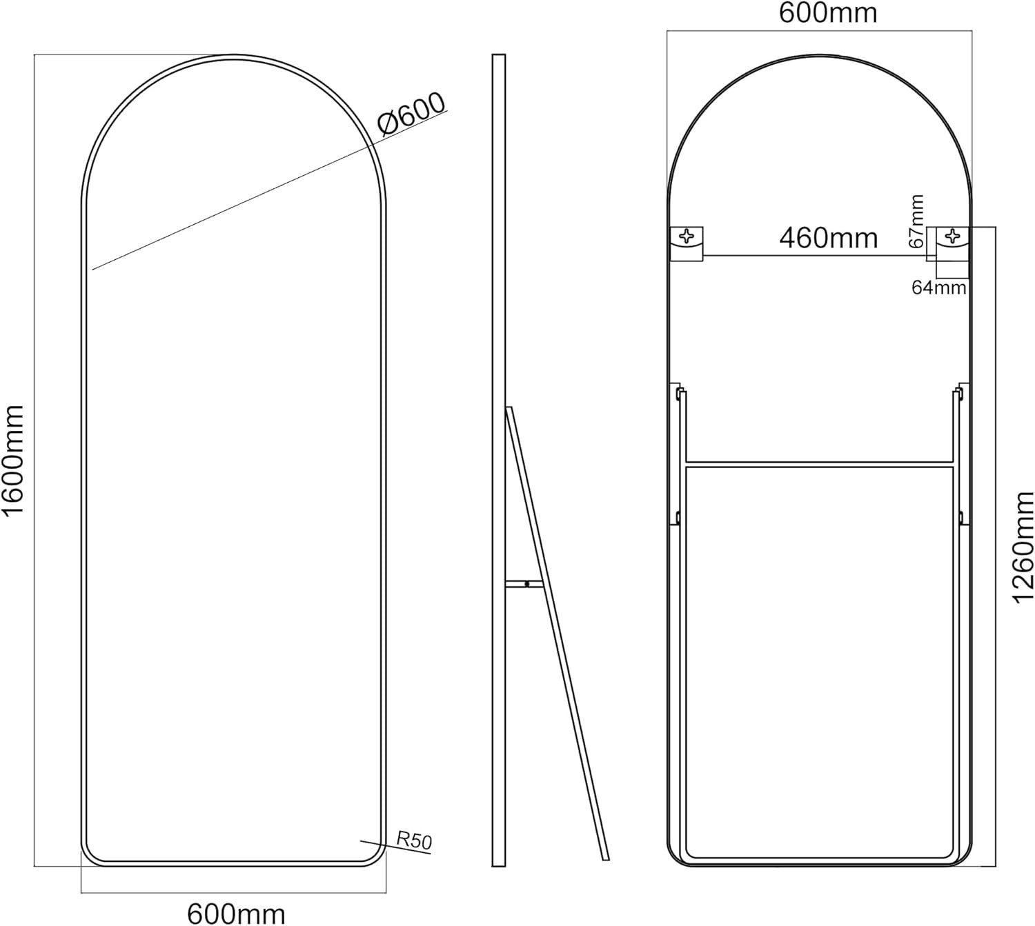 Arch Full Length Mirror 160x60cm Wall Leaning Floor Stand Black Frame