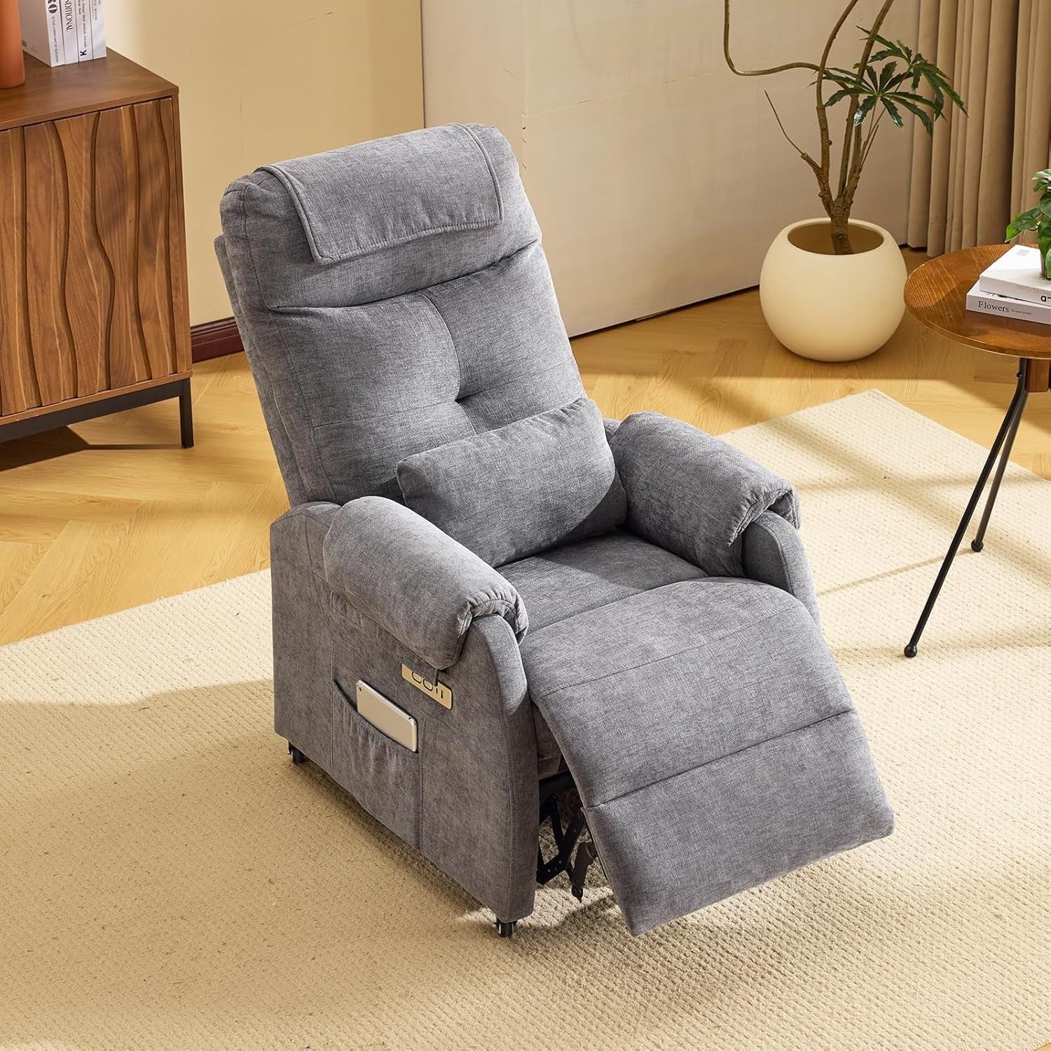 Electric Recliner Chair w/ Wheels Massage Heat High Back Footrest Fabric Grey