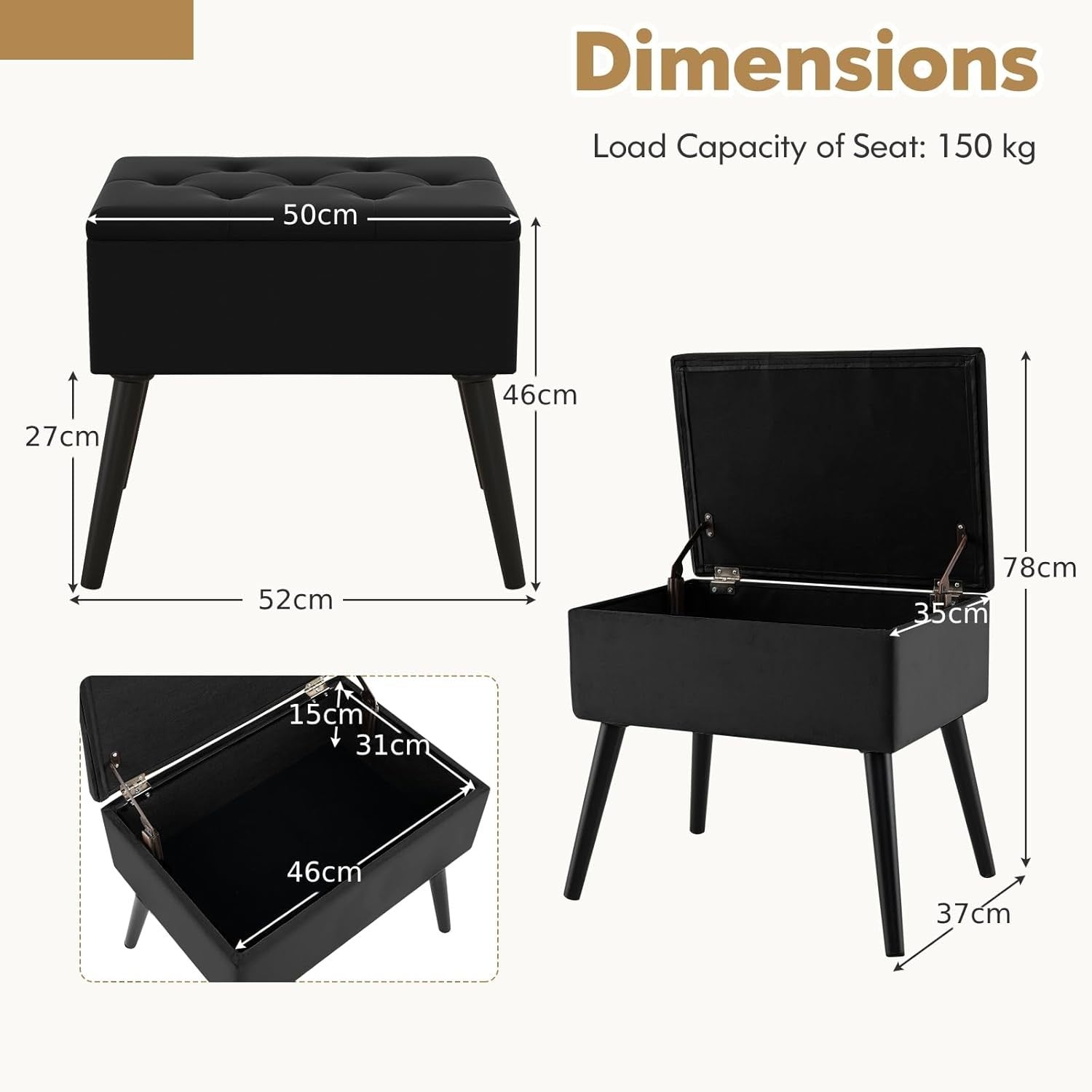 Black Velvet Flip-Top Footstool Storage Ottoman Vanity Stool with Wood Legs