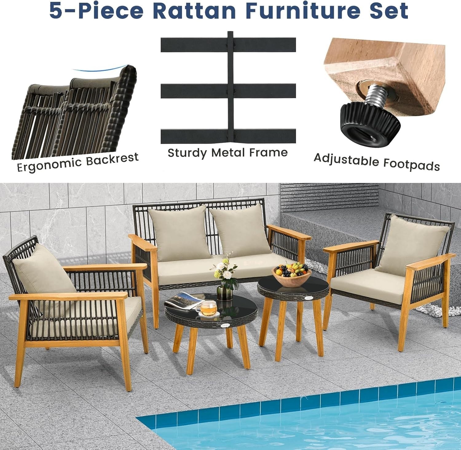 5 Piece Rattan Garden Conversation Set Sofa Chairs Tables Outdoor Patio
