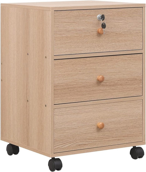 Maple Rolling 3 Drawer File Cabinet Top Lock Under Desk Storage