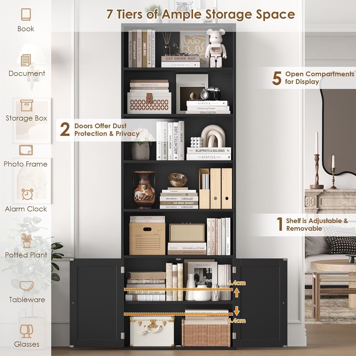 Tall 7-Tier Bookcase with Doors Modern Storage Cabinet Adjustable Shelves Black