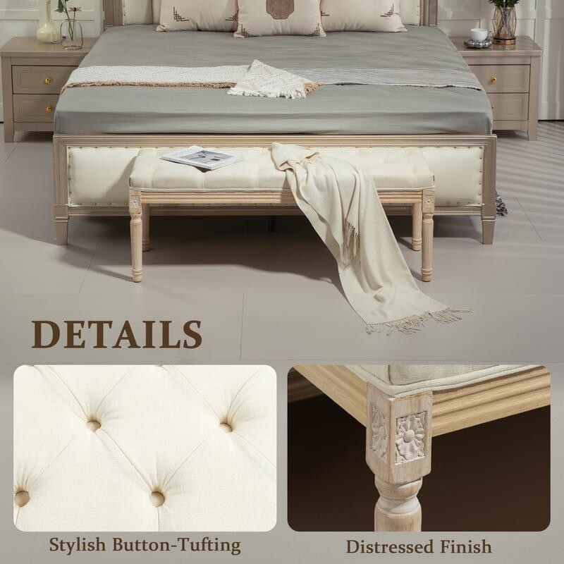 Tufted Cream End of Bed Bench Seat – Vintage Hallway Window Ottoman 115cm
